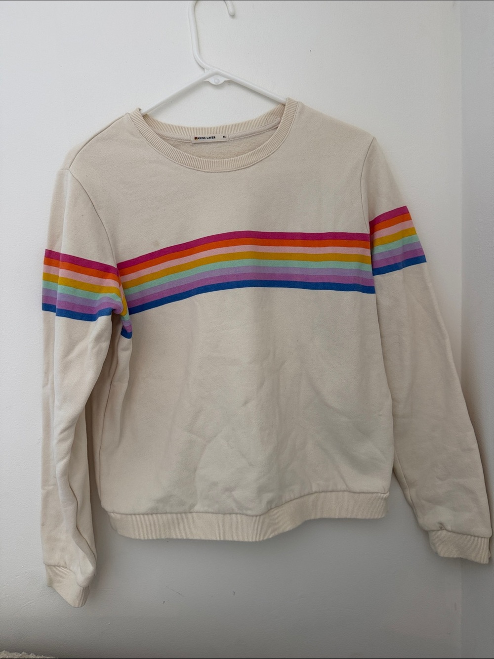 Marine Layer Cream Crewneck with Rainbow Stripes